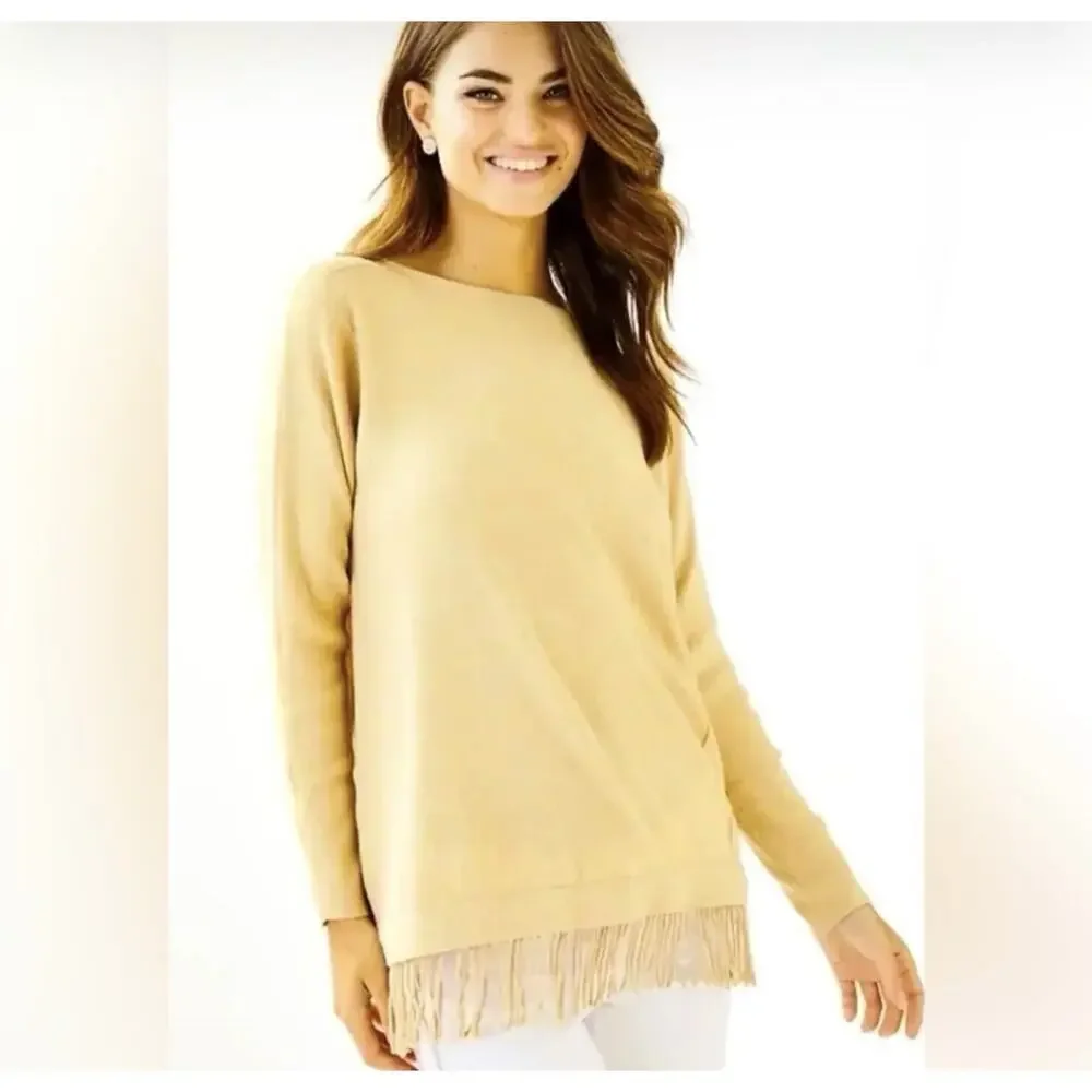Lilly Pulitzer Glenda Coolmax Fringe Sweater Womens Small Tan Sand Bar Pullover